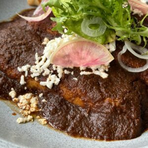 Delicious Mexican enchiladas topped with mole sauce, fresh herbs, and veggies in Cuernavaca.
