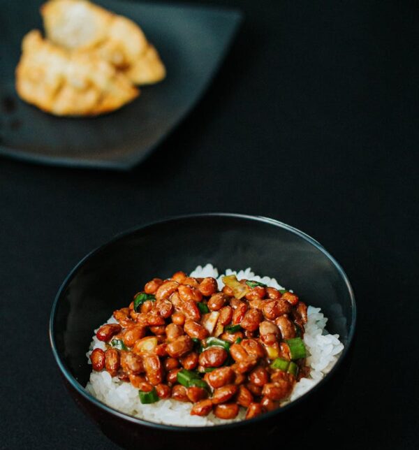 Asian rice bowl with flavorful beans on dark background.