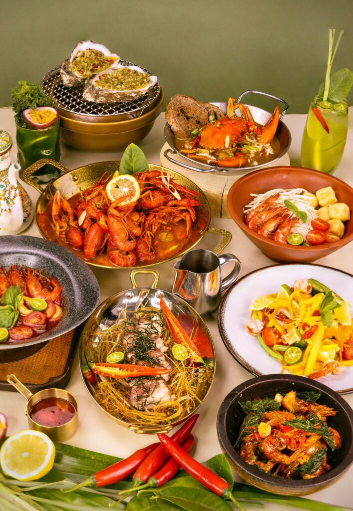 Colorful seafood buffet with vibrant dishes and fresh ingredients.
