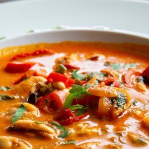 Hearty tomato seafood soup garnished with fresh herbs and peppers, bursting with flavor.