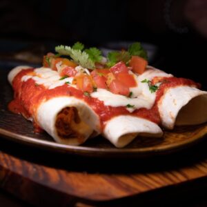 Delicious enchiladas topped with fresh tomato sauce and herbs, perfect for a Mexican meal.